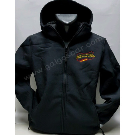 Chaqueta técnica Softshell negro con forro borreguito, caballero y niño bordado logo galgo.