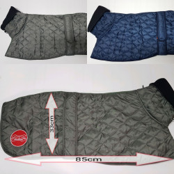 Manta abrigo para galgo rombos cuello alto, impermeable, verde, gris o azul. Forro polar interior. Talla XL. 85cm de largo por 3