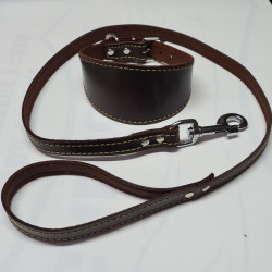 Pack collar ancho de cuero para galgos 45 cm y correa de 1 metro con mosquetón gatillo - Hecho a mano en España