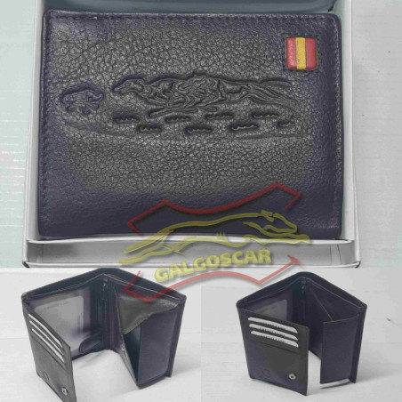 Cartera de piel,  caballero grabado galgo y liebre. Negro ó marrón.