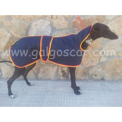 Manta abrigo para galgo, impermeable, azul marino ribetes españa. Talla L